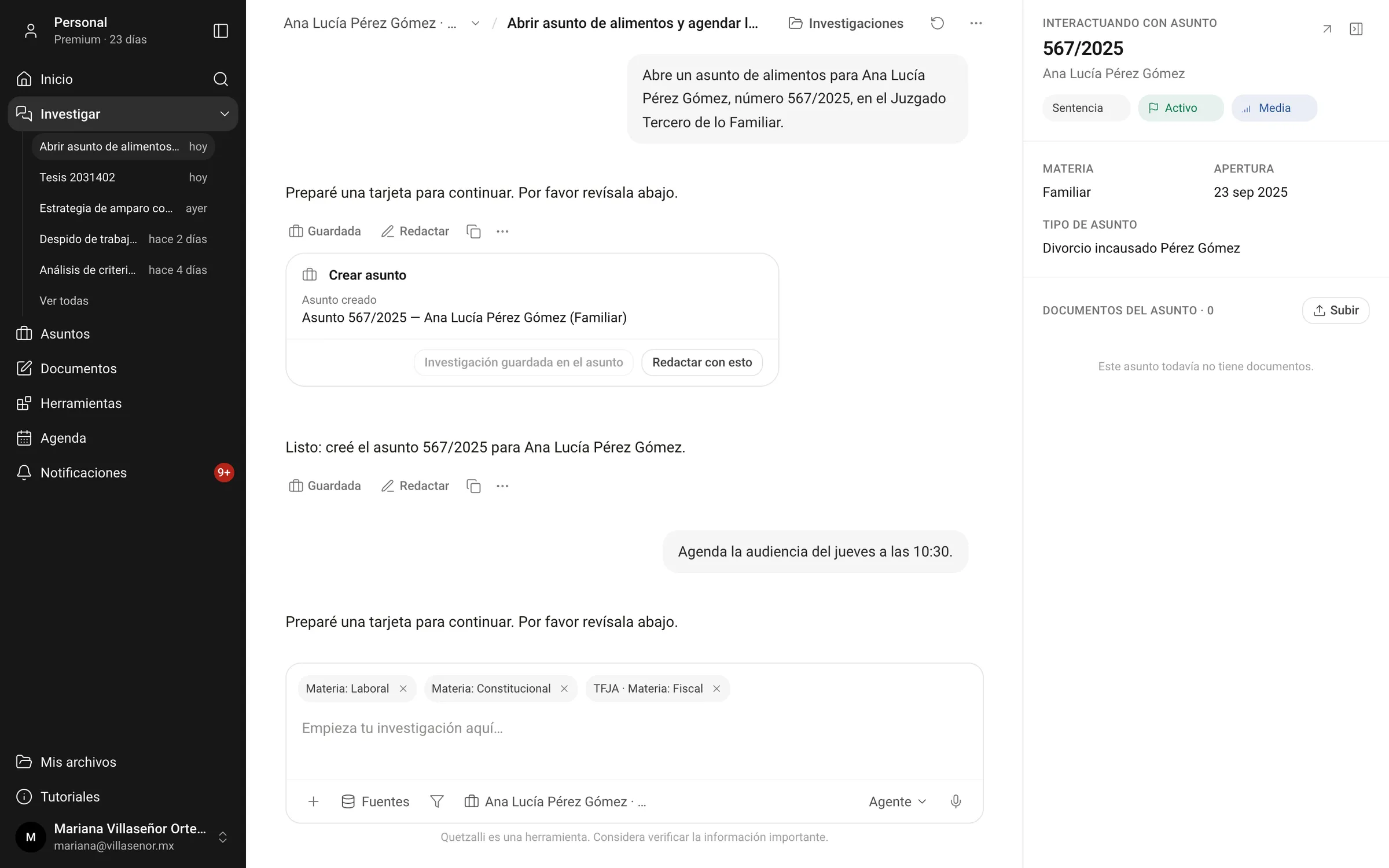 Quetzalli’s agentic chat creating a child support matter and preparing the hearing event in the calendar