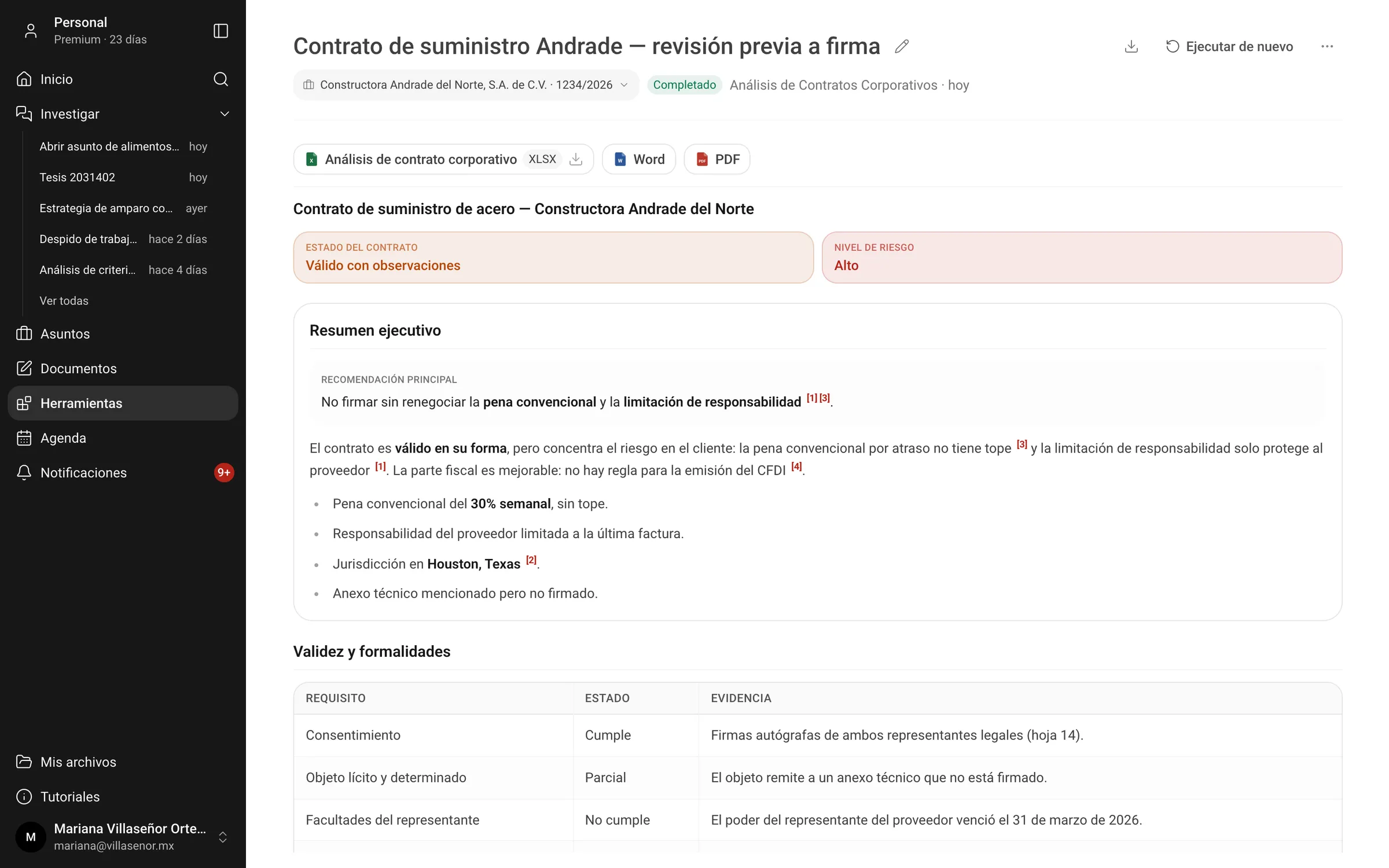 Analysis of a supply agreement in Quetzalli IA showing contract status, risk level, executive summary and validity table