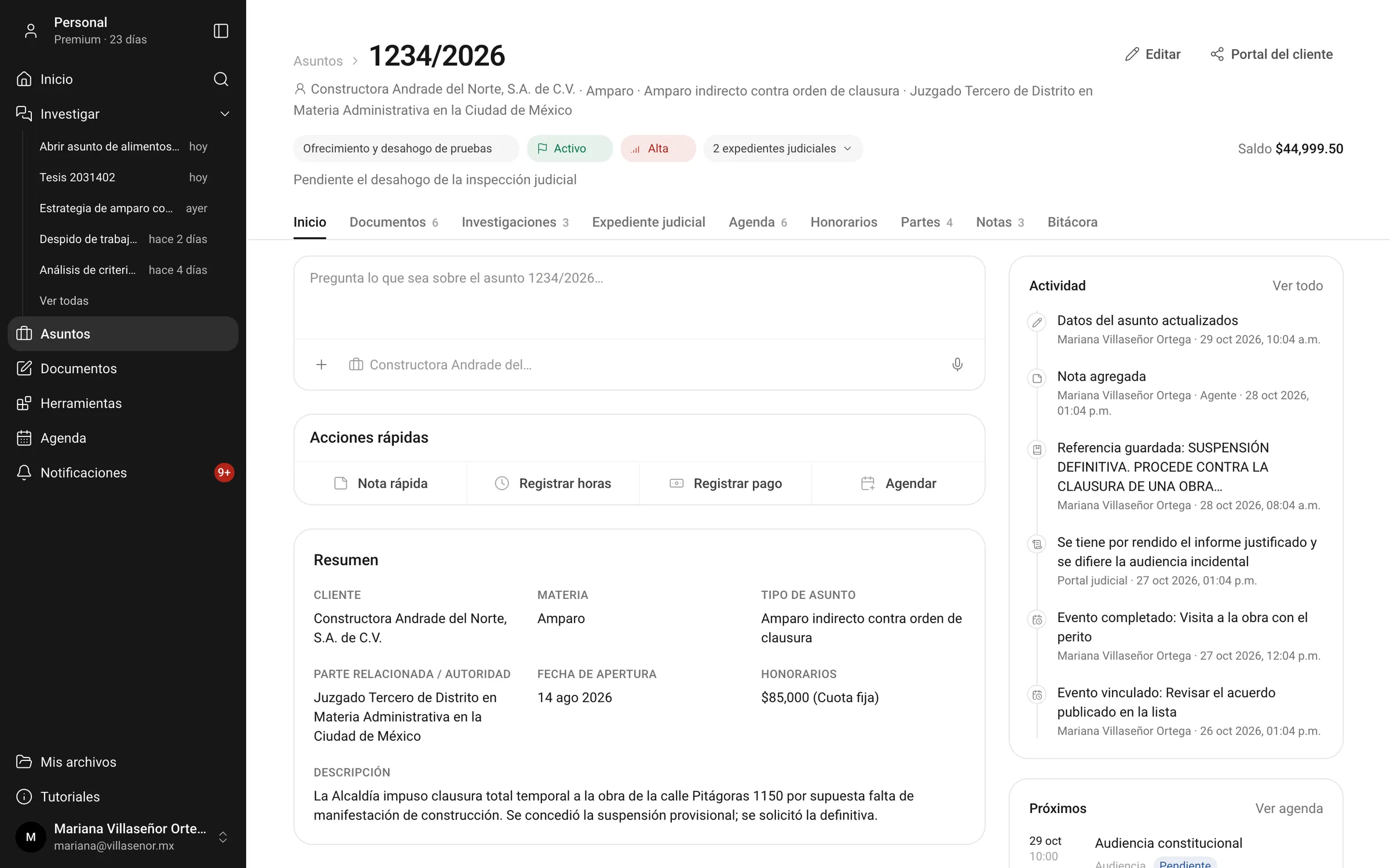 An amparo matter in Quetzalli IA showing its summary, quick actions and recent case file activity