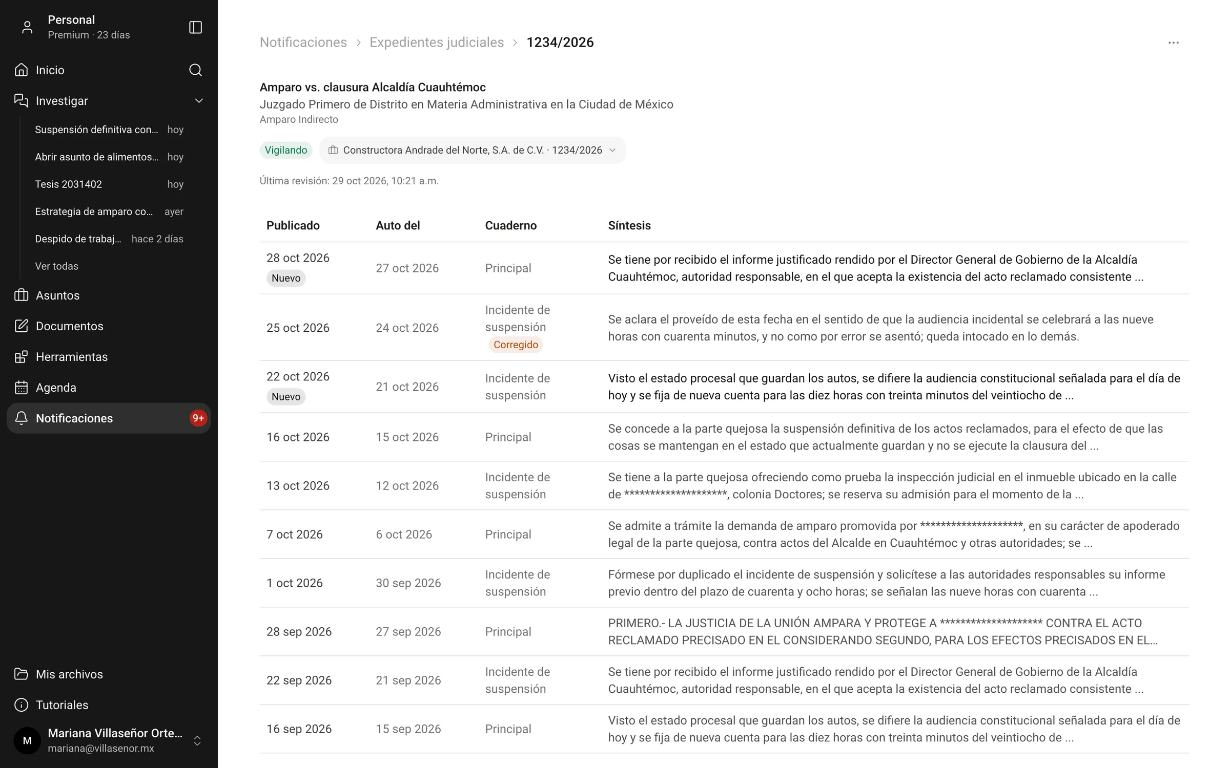 Court case file 1234/2026 in Quetzalli IA with the list of published court orders and the most recent one flagged as new